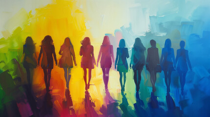 pride month painted illustration. Inclusive & diverse group of multi racial businesswomen. Watercolour artwork of proud gay female colleagues walking in solidarity. Painting marketing banner - Powered by Adobe