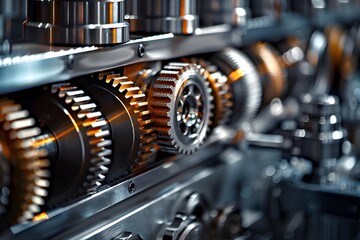 Fototapeta na wymiar Close-up of metallic gears and auto parts. A stunning macro photograph of automotive gears