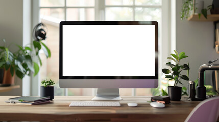 Mockup blank screen computer desktop at home. Generative AI