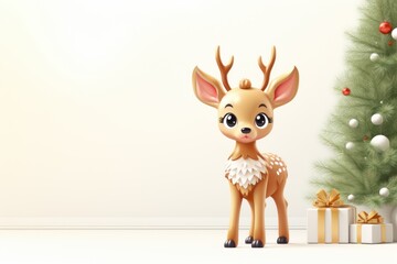 Winter celebration: a toy deer on a bright background, accompanied by a beautifully decorated Christmas tree.