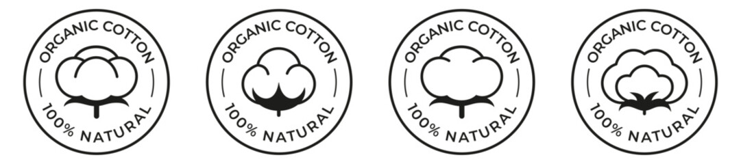 Set of round sticker icons with natural organic cotton drawn in black editable outline in a circle for text. Flat doodle style. Vector illustration.