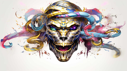 illlustration viper king face , with crown gold , rainbow splash smoke , Generate AI