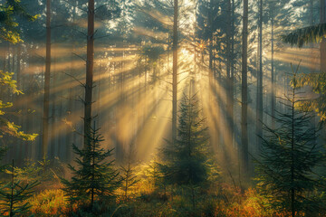 Obraz premium Enchanted Forest Sunbeams at Dawn