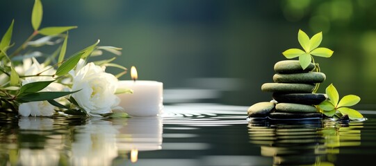 Zen composition with stones and candles on pond water.