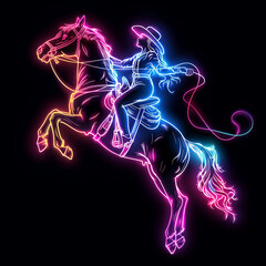 cowgirl riding a horse in neon colors illustration on a black background