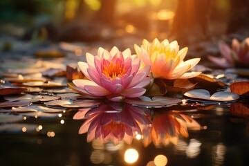 Pink lotuses floating on water with light sparkle and sunset lights