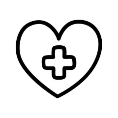 Hand drawn doodle style line icon of medical cross inside heart.