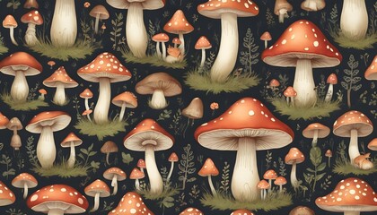 A Pattern Of Whimsical Mushrooms And Woodland Crea  2 - obrazy, fototapety, plakaty