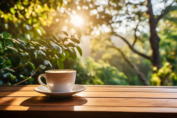 A steaming cup of coffee sits on a wooden table outdoors, with the early morning sun filtering through green leaves