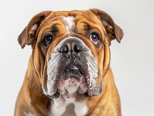 Obraz premium A Bulldog with its iconic wrinkled face, white studio backdrop 