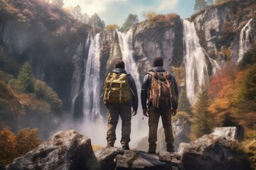 Mountain marvel: two backpackers revel in the beauty of a cascading waterfall.