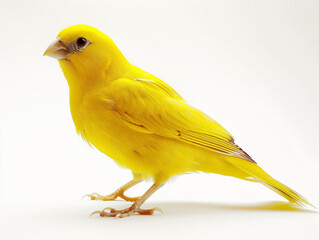 A Canary bird displaying its bright yellow plumage, studio white backdrop