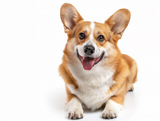 A Corgi with its cheerful demeanor, clean white studio background 