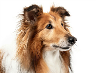 A Collie with its luscious mane, white studio backdrop 