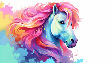 Beautiful pony with long, colorful hair, background color palette, splash smoke rainbow Generate AI