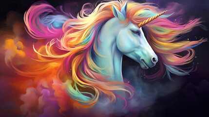 Beautiful pony with long, colorful hair, background color palette, splash smoke rainbow Generate AI
