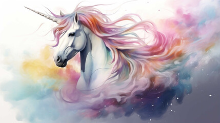 Obraz na płótnie Canvas Beautiful pony with long, colorful hair, background color palette, splash smoke rainbow Generate AI