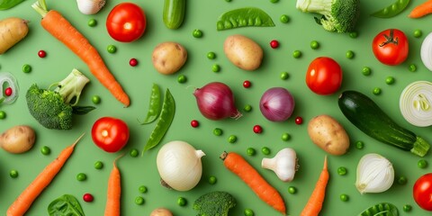 Flat lay photo of different fresh vegetables on green background - obrazy, fototapety, plakaty