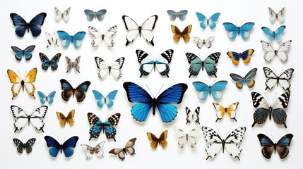 Fototapeta premium A delicate watercolor painting showcasing a varied collection of colored butterflies against a pristine white background.