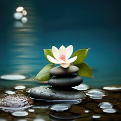 Zen composition with stones and lotus flowers on pond water.
