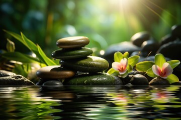 Zen composition with stones and orchid flowers on pond water.