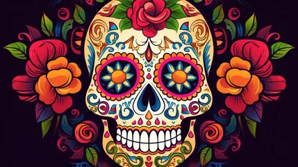 Papier Peint photo Crâne aquarelle A decorative sugar skull with intricate floral designs is perfect for celebrating the cultural richness of Mardi Gras.