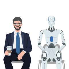 AI robot sits among frustrated job seeker losing jobs due to innovative technologies and robotization of production. Flat vector illustration isolated on white background - obrazy, fototapety, plakaty