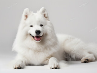 A Samoyed, with its smiling face and fluffy white coat, white studio backdrop