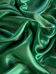 Luxurious emerald green satin fabric with sumptuous folds and waves, exhibiting a rich sheen and fluid drape. - obrazy, fototapety, plakaty