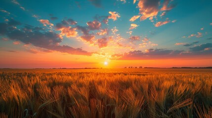 Sun Setting Over Wheat Field - obrazy, fototapety, plakaty