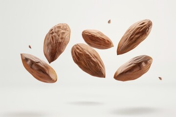 Almonds levitate over a white background. Millenistic concept of stone fruit.