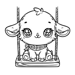 A delightful line drawing of a baby goat sitting on a swing, with large, expressive eyes, invoking a sense of play and joy.