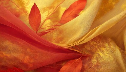 vibrant red and yellow abstract background with scattered leaves and gently waving silk fabric
