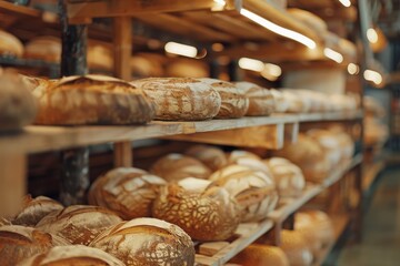 Artisanal Aroma: Rows of Fresh Sourdough Loaves in a Bakery