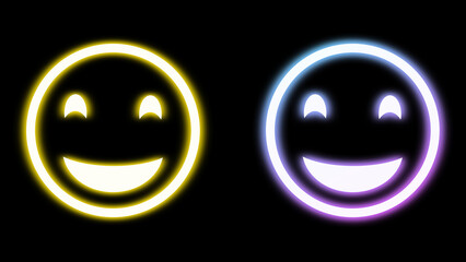 smiling and very happy emoji in bright neon light on black background.