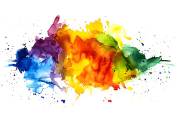 Rainbow splashed watercolor paint stain on transparent background.