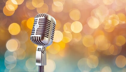 stylish old retro microphone on colored background with bokeh concept bannner karaoke and stund up comedy