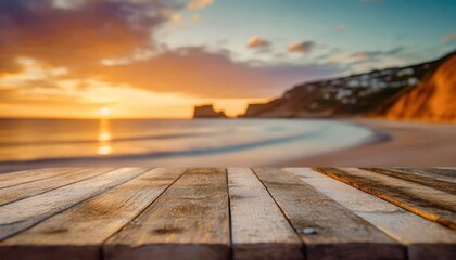 a beachy vibe old wooden table with a blurred coastal background - obrazy, fototapety, plakaty