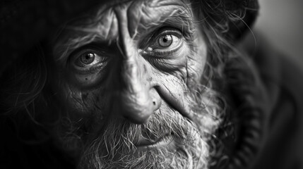Close-up monochrome shot capturing the emotive eyes and detail of a bearded homeless man's face - obrazy, fototapety, plakaty