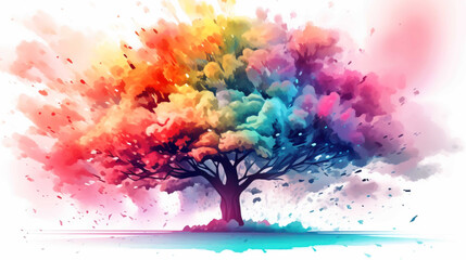   shady tree with colorful leaves, rainbow splash smoke explosion background, pastel color  , Generate AI - obrazy, fototapety, plakaty