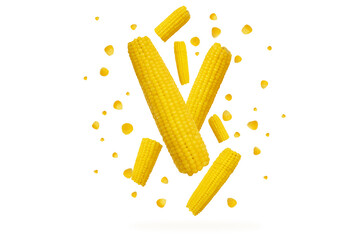 corn cobs flying on a white background