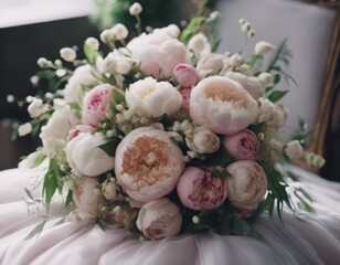Obraz na płótnie Canvas Bride's bouquet for a wedding. Pink peonies in a beautiful wedding bouquet.