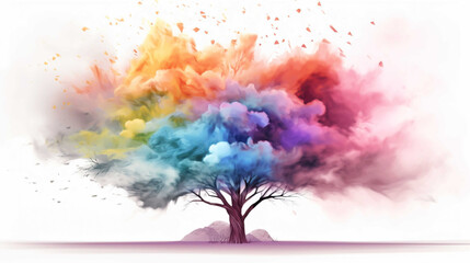   shady tree with colorful leaves, rainbow splash smoke explosion background, pastel color  , Generate AI - obrazy, fototapety, plakaty