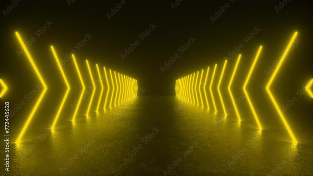 Poster explore a tunnel illuminated by yellow lights, creating a futuristic and mesmerizing atmosphere.