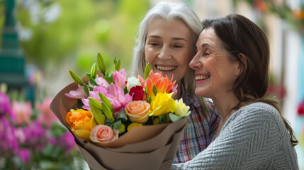 Happy, smiling woman mother receiving bouquet of colorful flowers for mothers day or birthday...