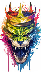 illlustration viper king face , with crown gold , rainbow splash smoke , Generate AI