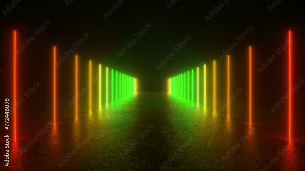 Poster a tunnel of neon lights glows in a dark room, creating a futuristic and mesmerizing ambiance. abstra