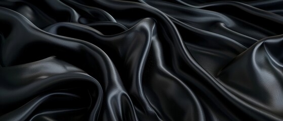 Rich folds of jet black satin draped sensuously, revealing the sultry sheen and fluid drape of the high-quality fabric. - obrazy, fototapety, plakaty