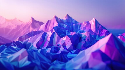 Purple crystal hills with blue gradient background. Geometric green polygon with 3d render mesh. Triangular digital textures stacked in creative formations with futuristic interior, Abstract backgroun
