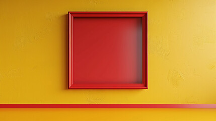 A classic cherry red frame mockup positioned on a solid mustard yellow wall, offering a vibrant and energetic atmosphere, free of additional decor.